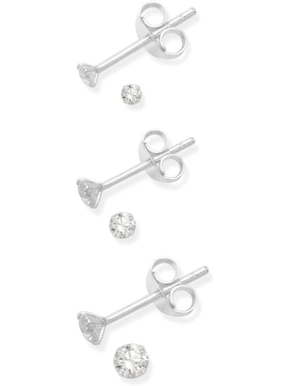 Sterling Silver Cubic Zirconia Stud Earrings Set - 2mm, 3mm, 4mm Clear Round